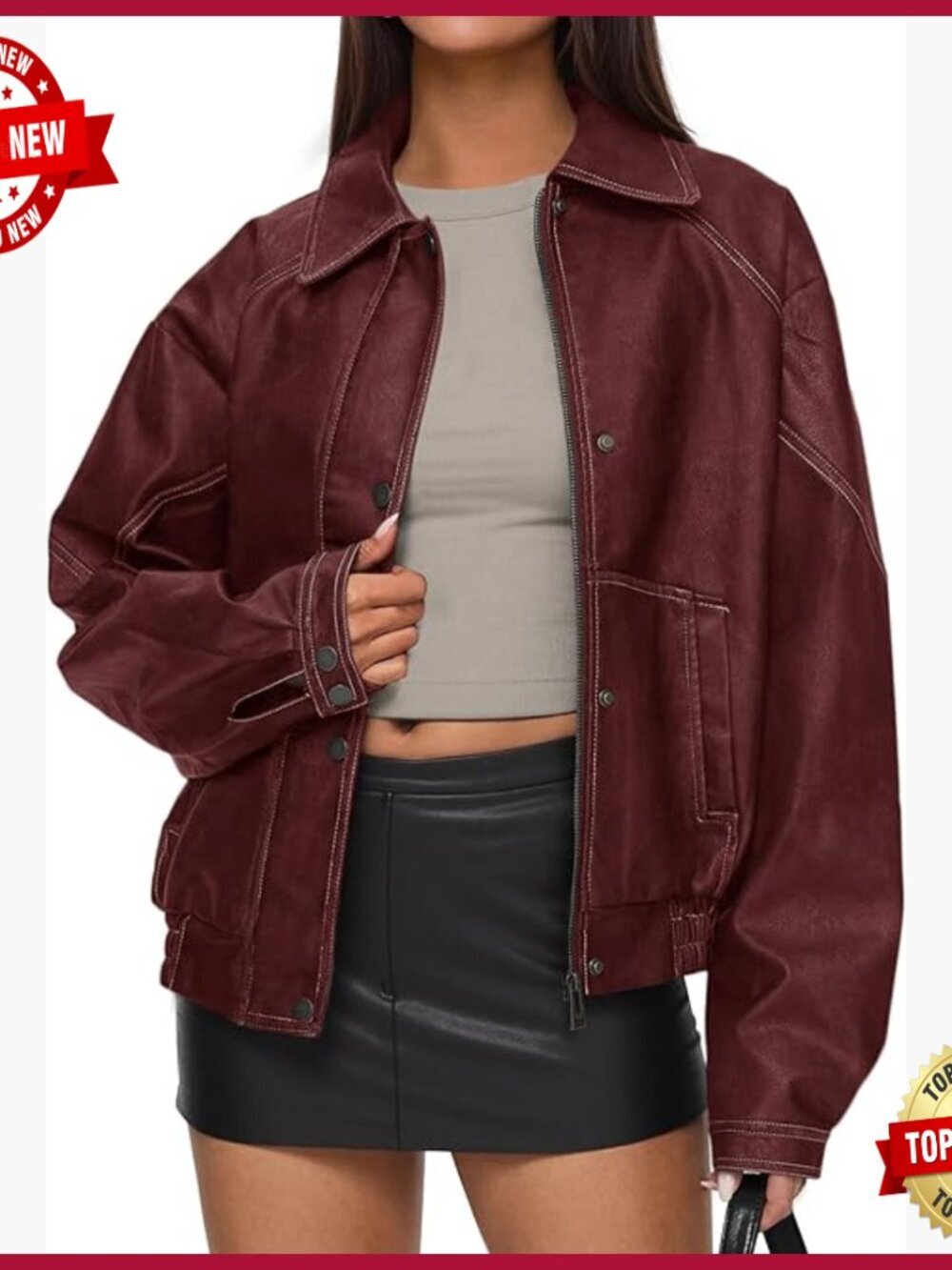 Faux Leather Bomber Jacket Oversized Moto Style Zip Up Winter Coat